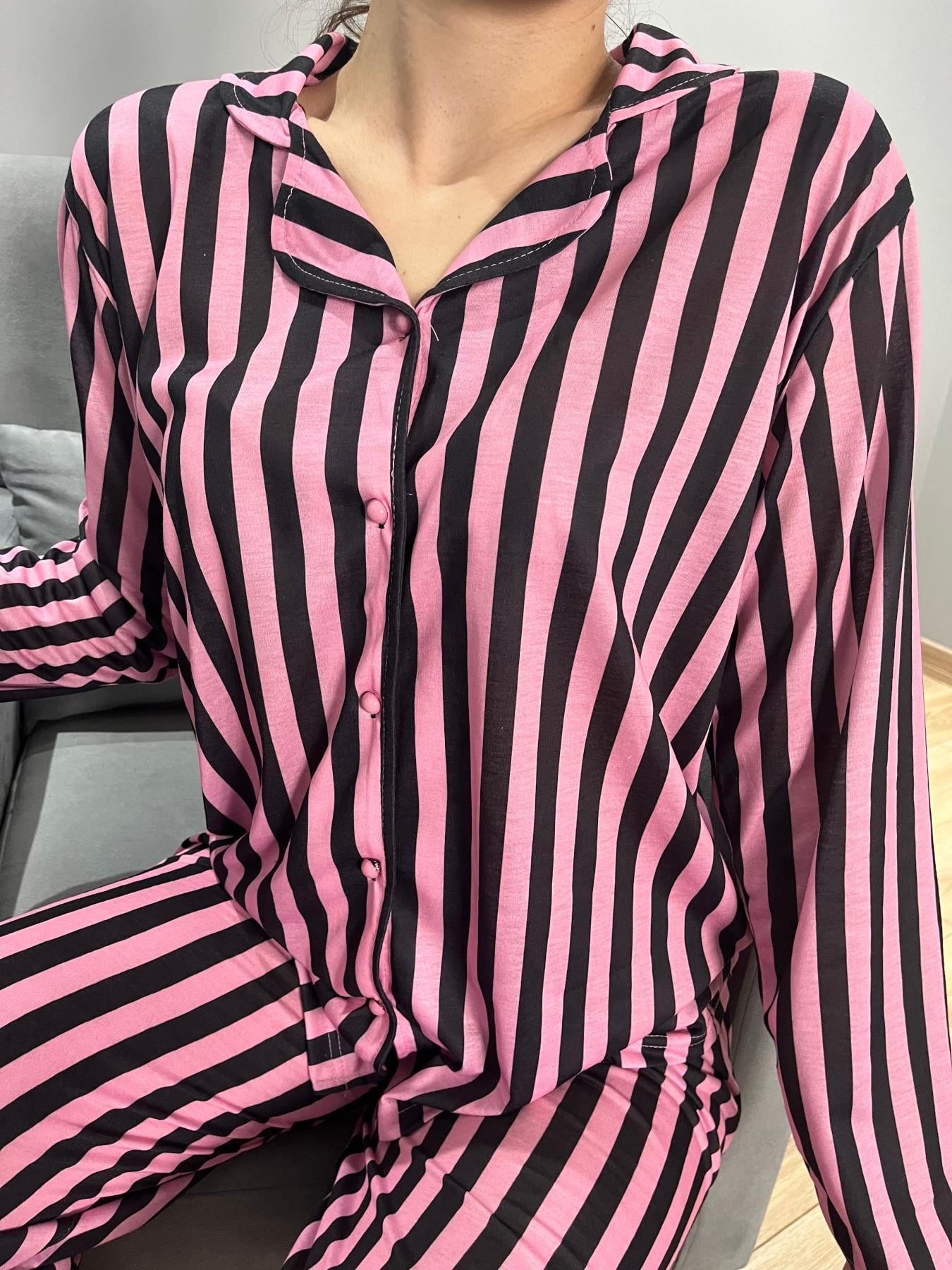 Çizgili Pijama Takım Pembe-Siyah