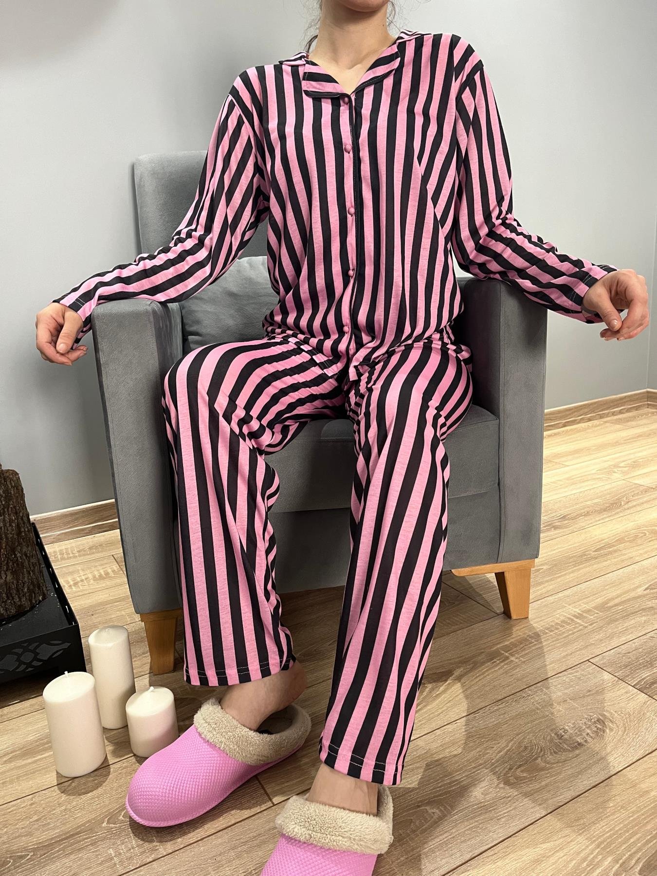 Çizgili Pijama Takım Pembe-Siyah