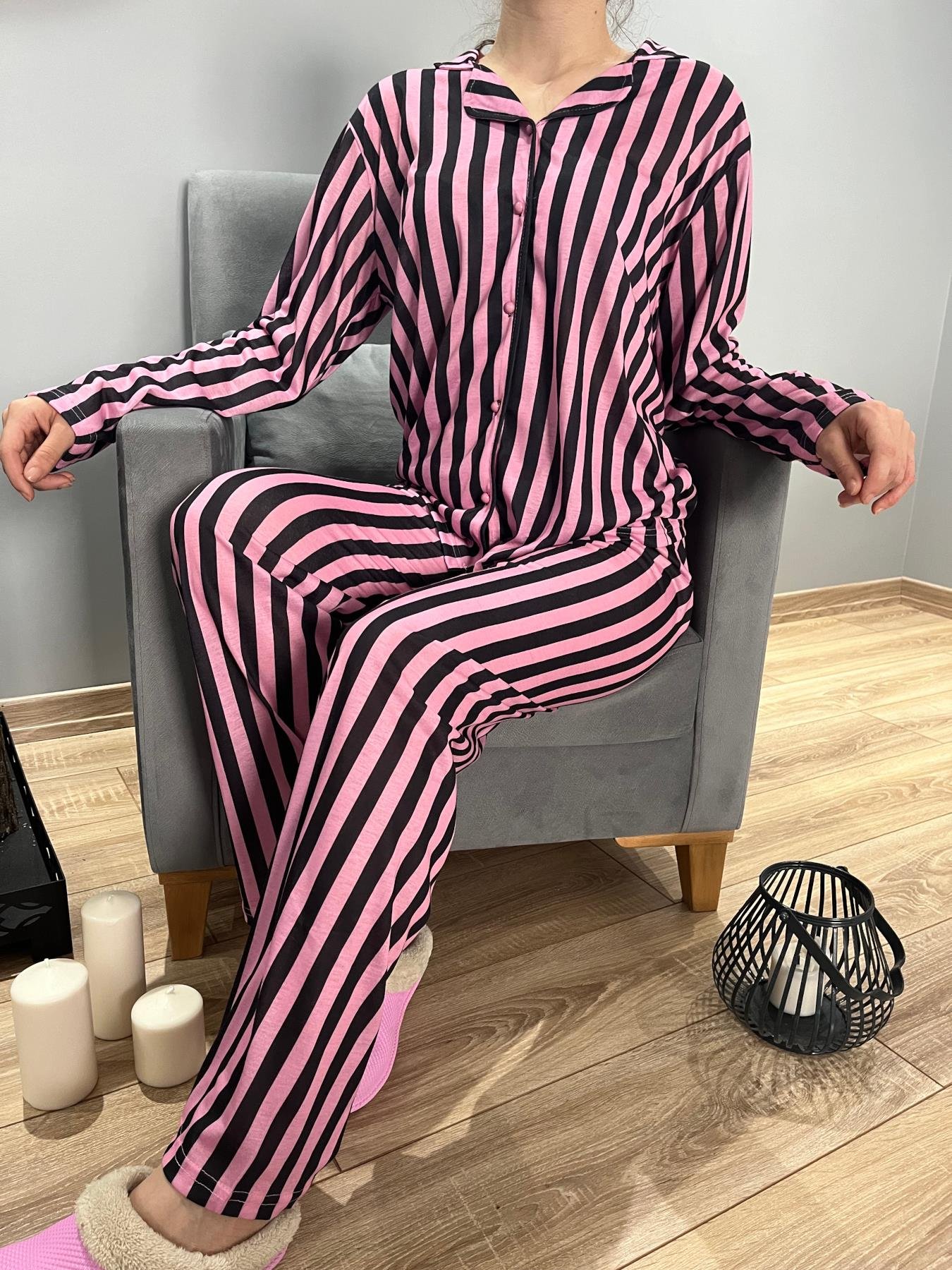 Çizgili Pijama Takım Pembe-Siyah