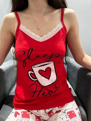 Cup Desen Şort Pijama Takım Kırmızı