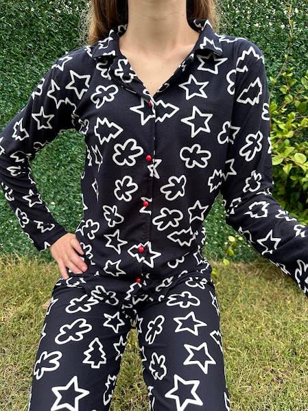 Desenli Gömlek Yaka Pijama Takım Siyah
