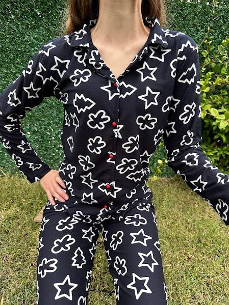 Desenli Gömlek Yaka Pijama Takım Siyah
