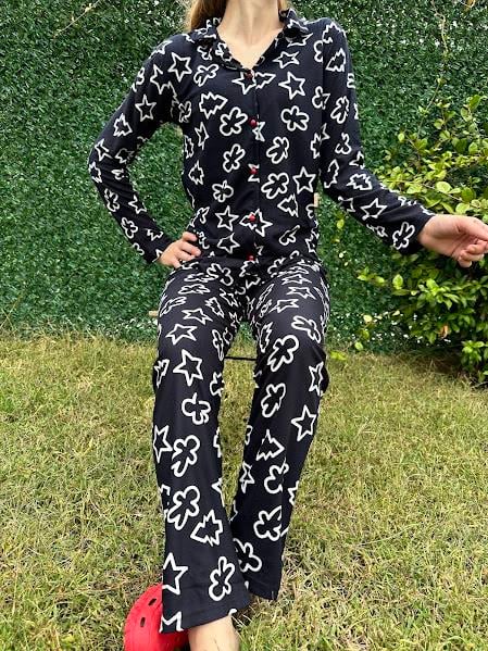Desenli Gömlek Yaka Pijama Takım Siyah