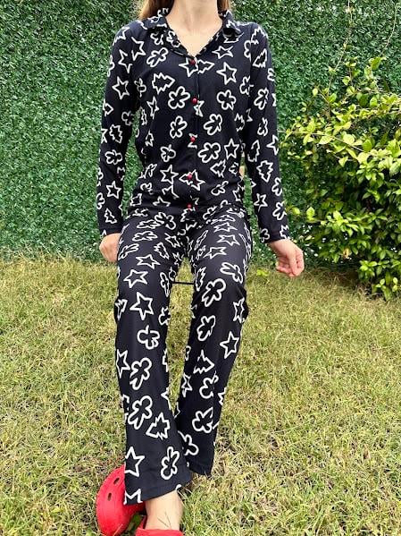 Desenli Gömlek Yaka Pijama Takım Siyah
