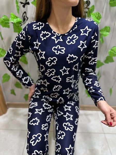 Desenli Süet Pijama Takım Lacivert