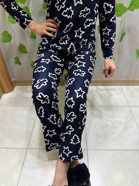 Desenli Süet Pijama Takım Lacivert