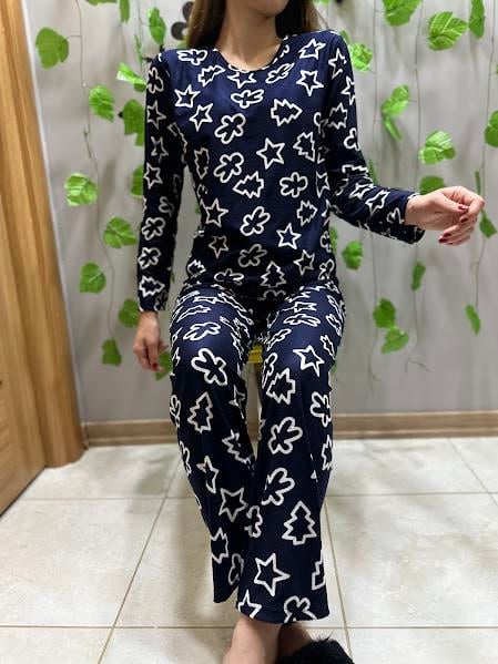 Desenli Süet Pijama Takım Lacivert