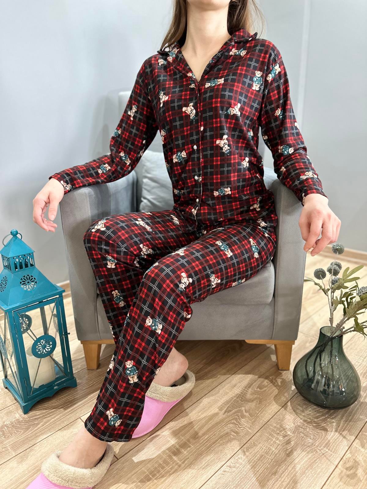 Ekose Ayıcık Desenli Pijama Takım