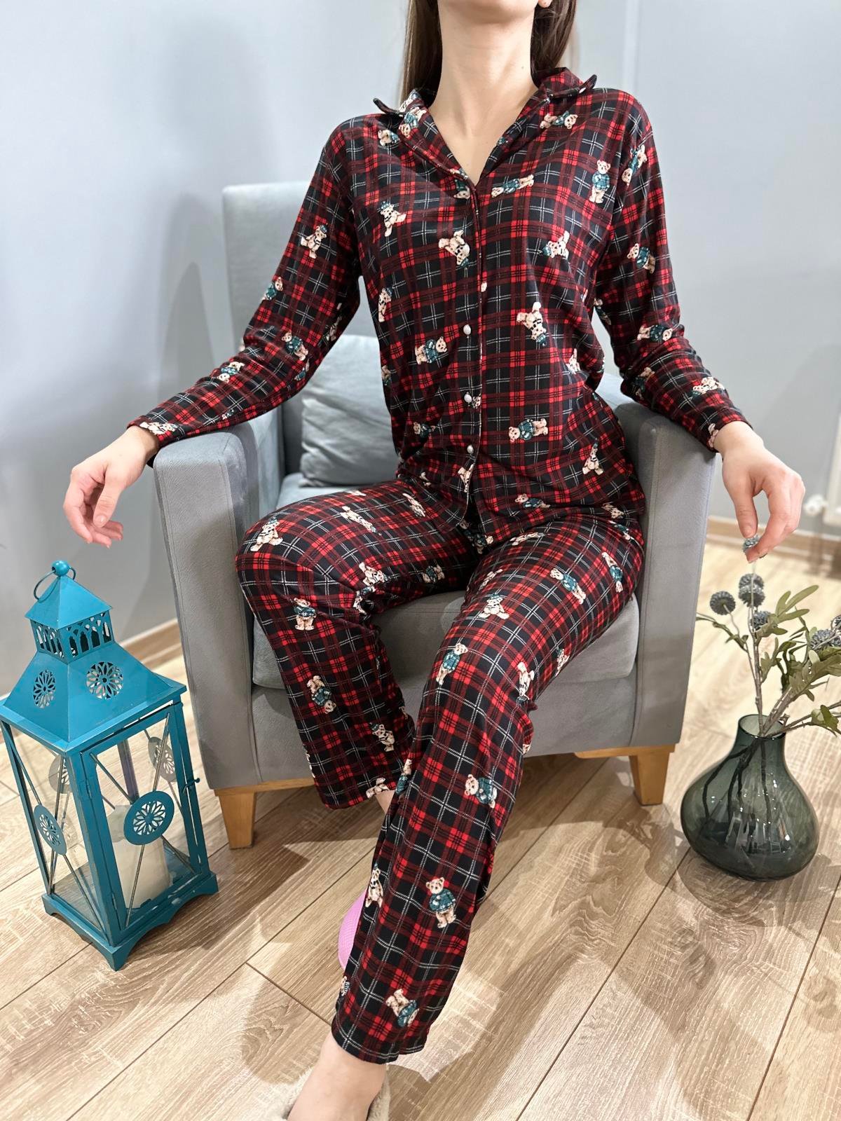 Ekose Ayıcık Desenli Pijama Takım