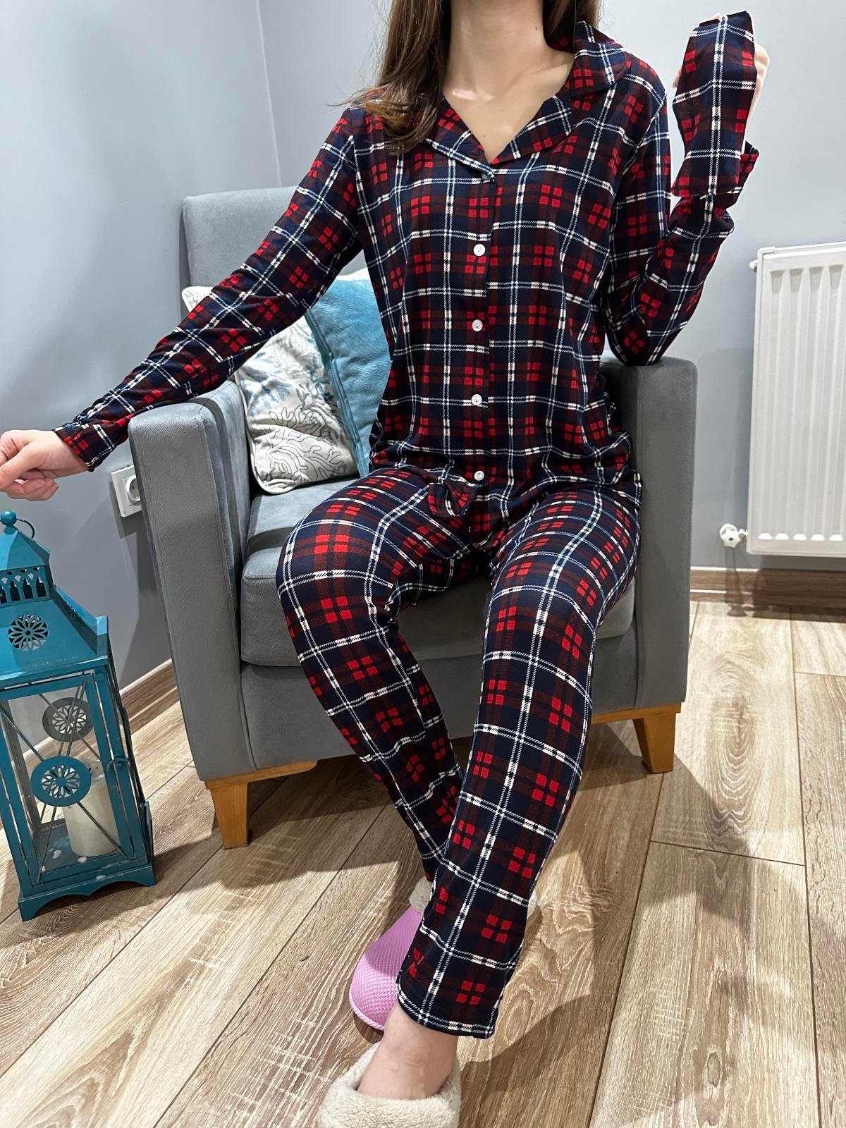 Ekose Desen Uzun Kol Pijama Takım Lacivert