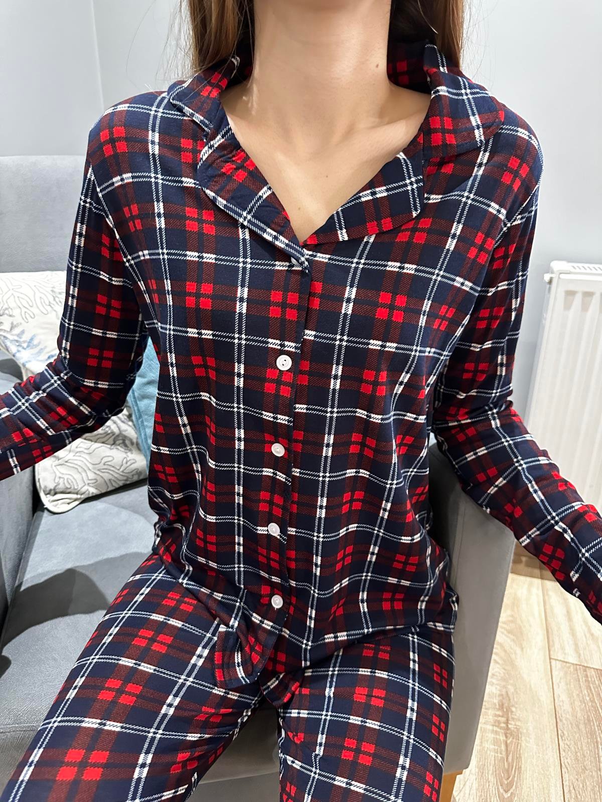 Ekose Desen Uzun Kol Pijama Takım Lacivert