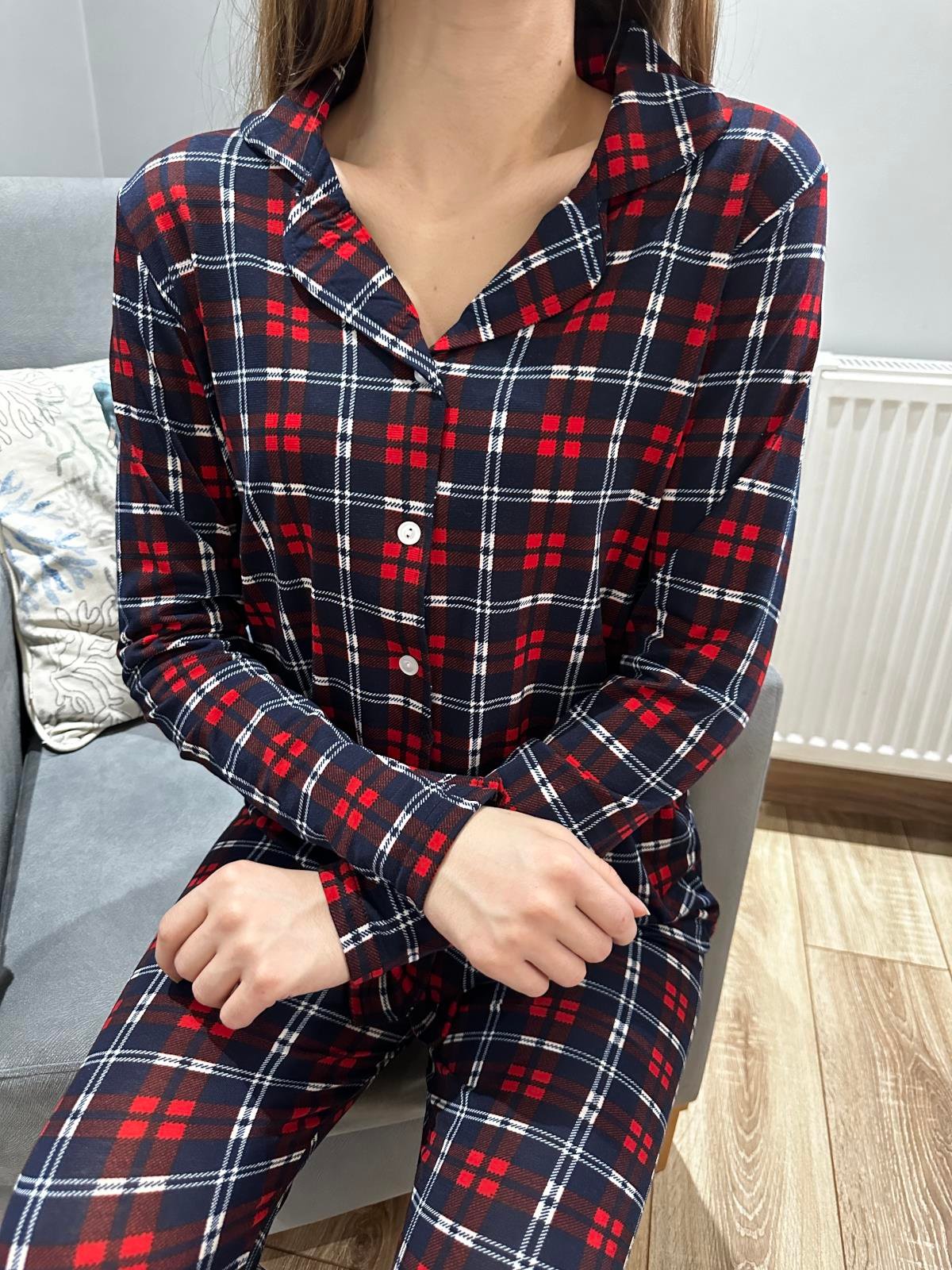 Ekose Desen Uzun Kol Pijama Takım Lacivert