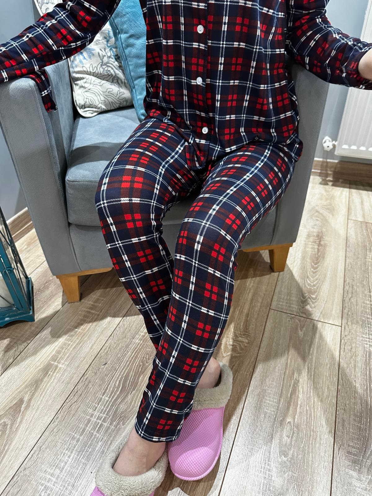 Ekose Desen Uzun Kol Pijama Takım Lacivert
