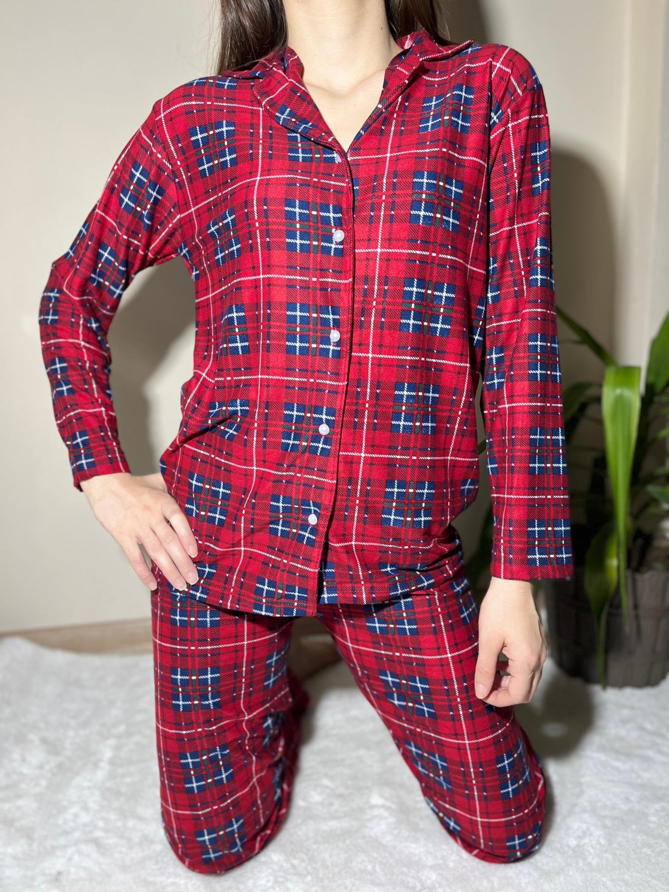 Ekose Desenli Süet Pijama Takım Kırmızı