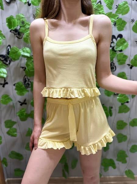 Fitilli Şort Pijama Takım Sarı