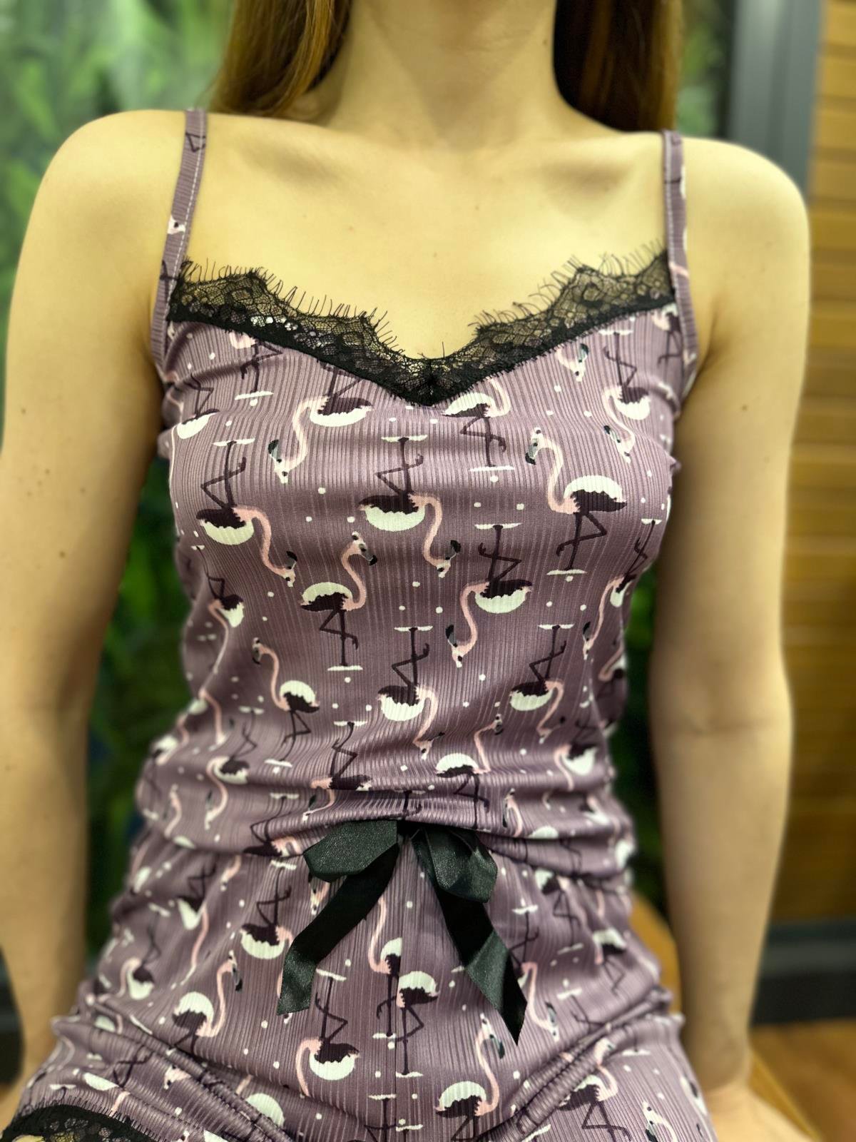 Flamingo Desenli Askılı Şort Takım Mor