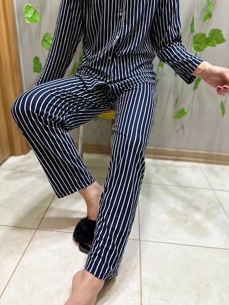 Gömlek Yaka Çizgili Pijama Takım Lacivert 