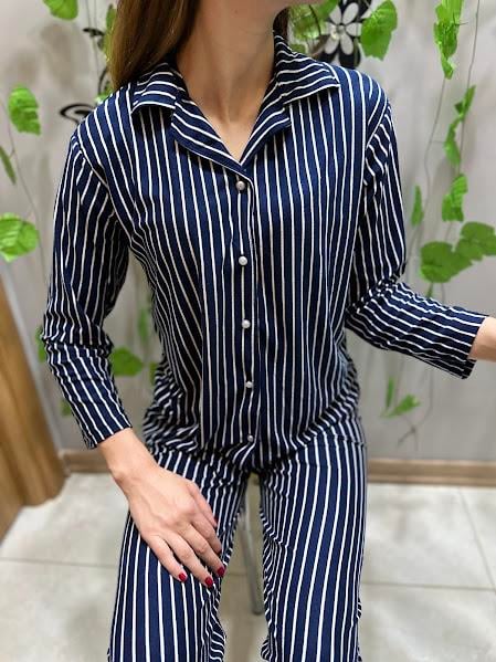 Gömlek Yaka Çizgili Pijama Takım Lacivert 