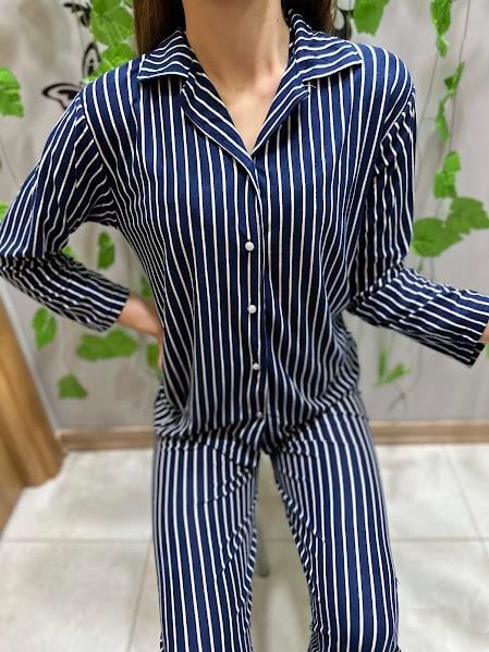 Gömlek Yaka Çizgili Pijama Takım Lacivert 