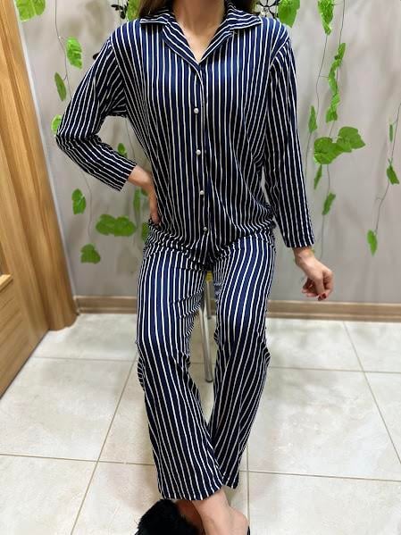 Gömlek Yaka Çizgili Pijama Takım Lacivert 