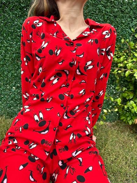 Gömlek Yaka Karakter Pijama Takım Kırmızı