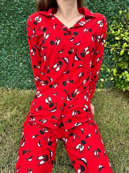 Gömlek Yaka Karakter Pijama Takım Kırmızı