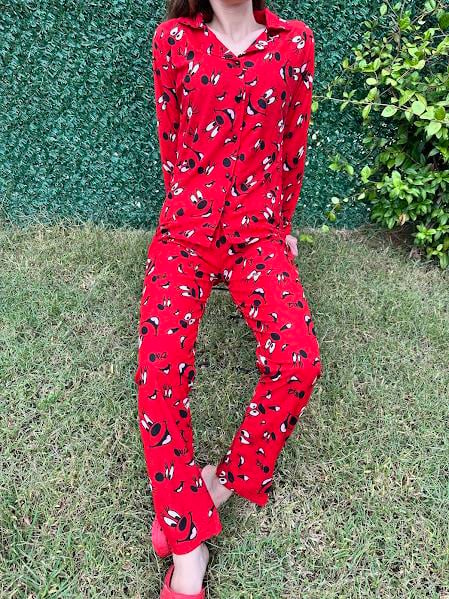 Gömlek Yaka Karakter Pijama Takım Kırmızı