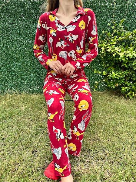 Gömlek Yaka Karakter Pijama Takım Kırmızı 