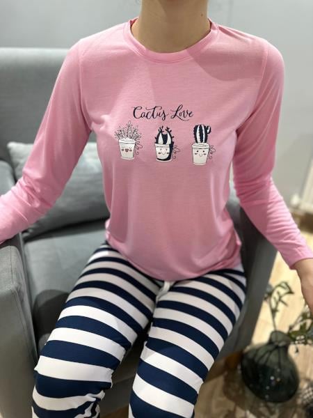 Kaktüs Baskılı Çizgili Pijama Takım