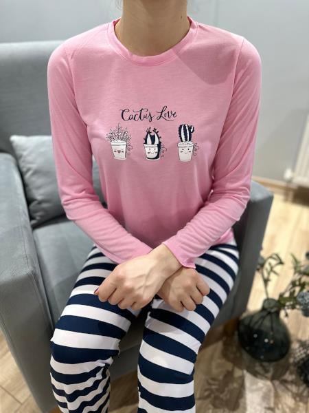 Kaktüs Baskılı Çizgili Pijama Takım