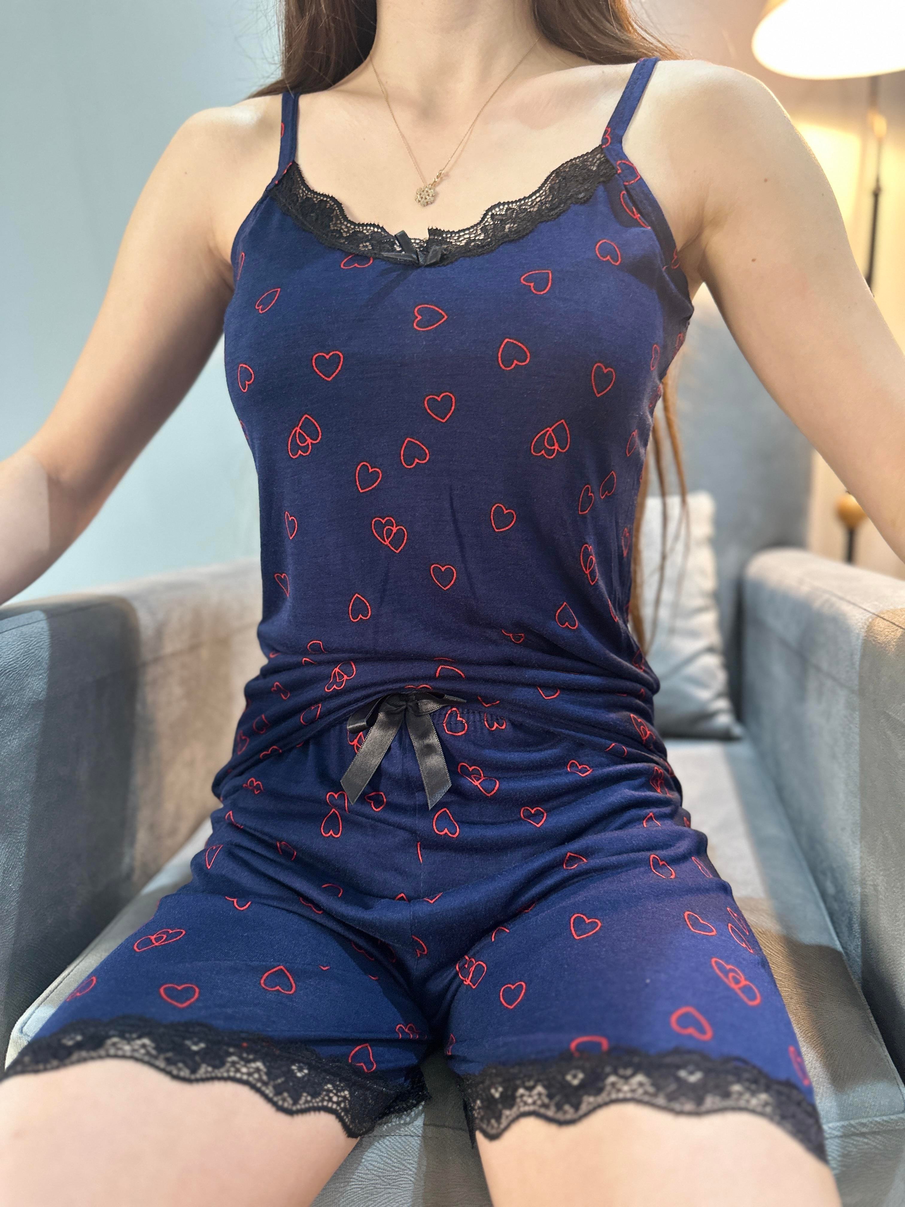 Kalp Desenli Bambu Pijama Takım Lacivert