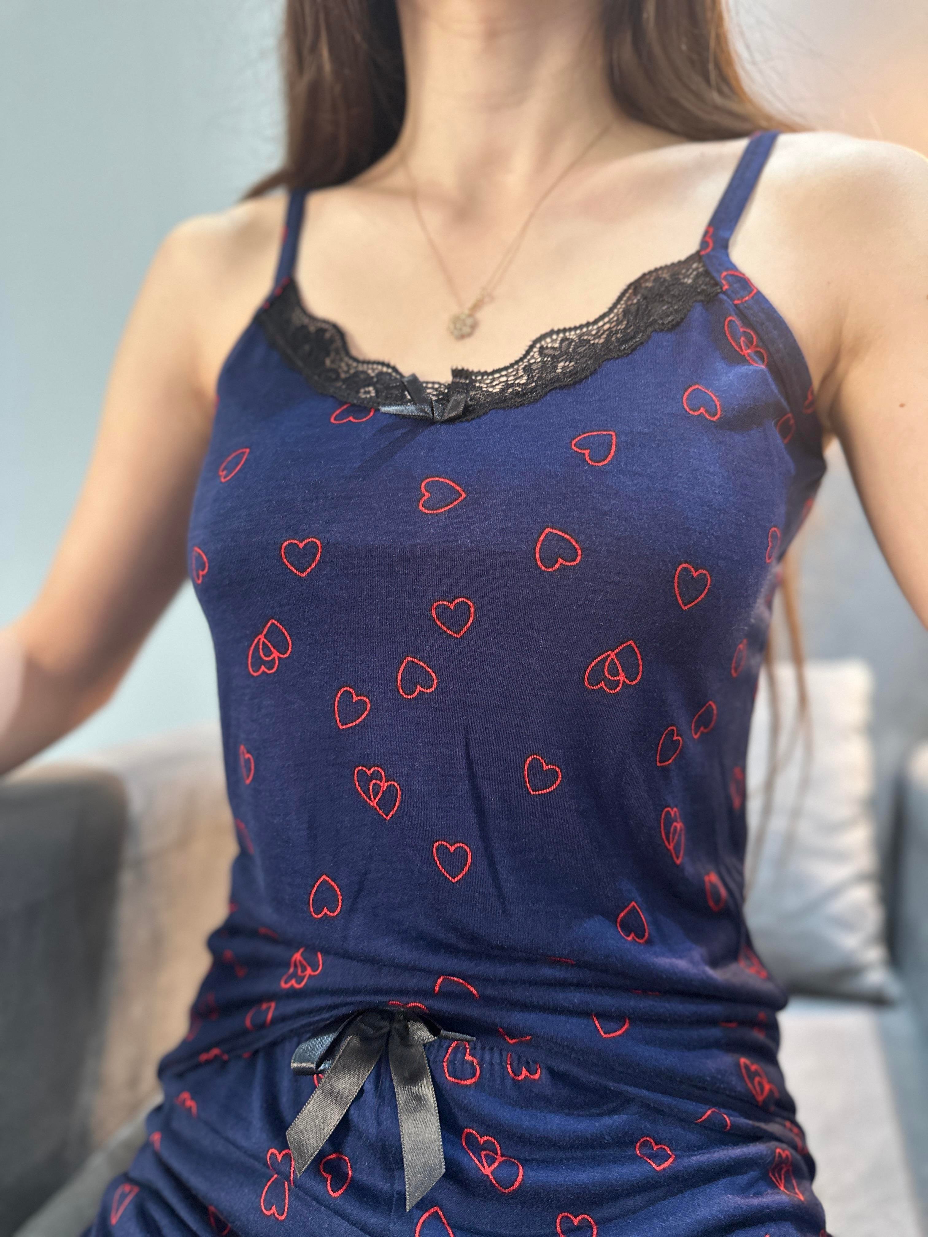 Kalp Desenli Bambu Pijama Takım Lacivert