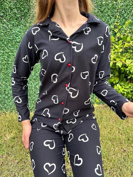 Kalp Desenli Gömlek Yaka Süet Pijama Takım Siyah 