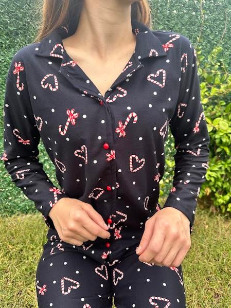 Kalp Desenli Gömlek Yaka Süet Pijama Takım