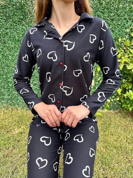 Kalp Desenli Gömlek Yaka Süet Pijama Takım Siyah 
