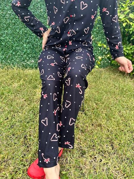 Kalp Desenli Gömlek Yaka Süet Pijama Takım