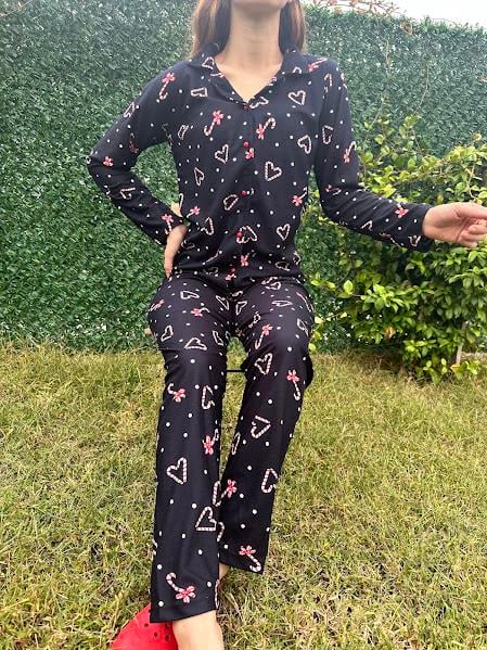 Kalp Desenli Gömlek Yaka Süet Pijama Takım