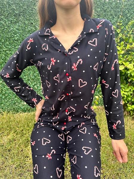 Kalp Desenli Gömlek Yaka Süet Pijama Takım
