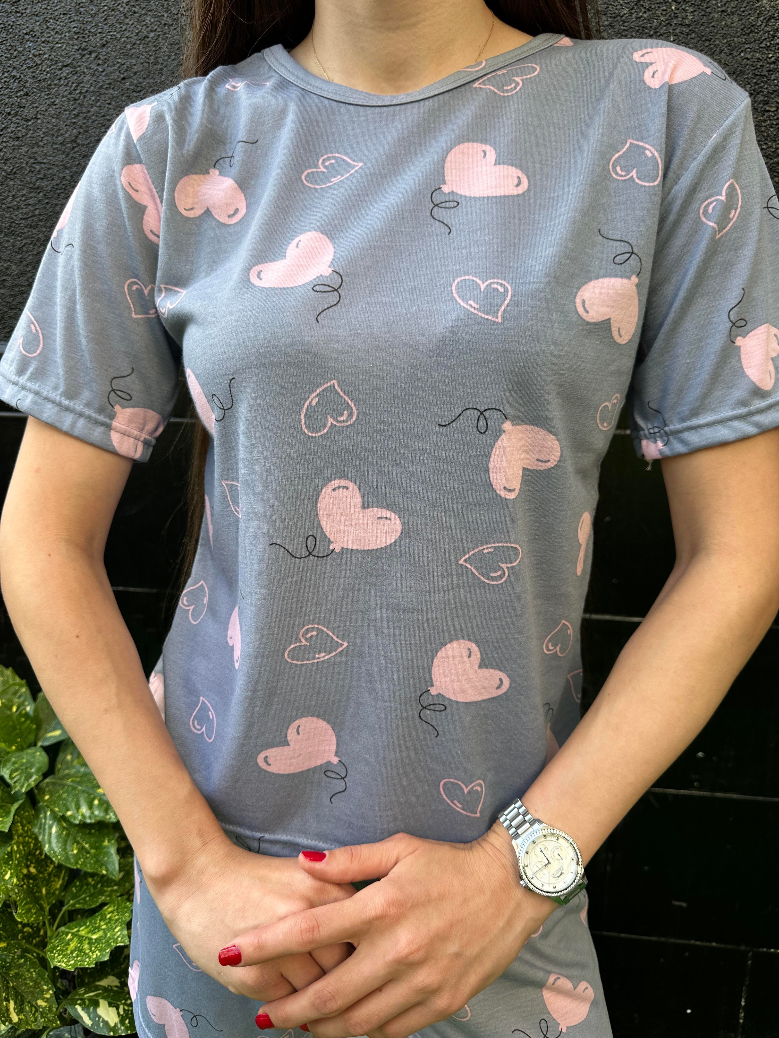 Kalp Desenli Kısa Kol Şort Pijama Takım Gri