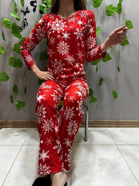 Kar Desenli Süet Pijama Takım Kırmızı
