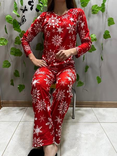 Kar Desenli Süet Pijama Takım Kırmızı