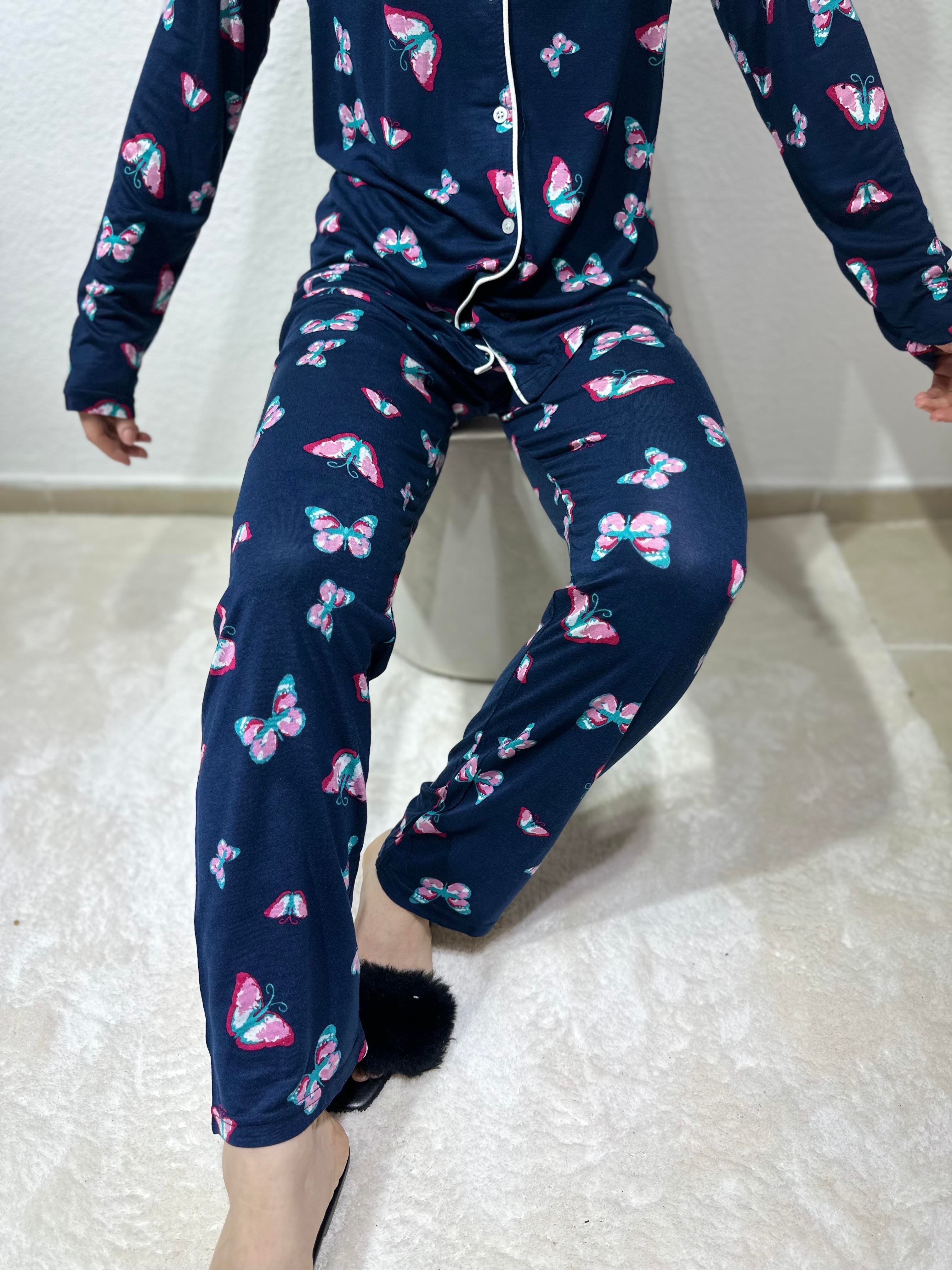 Kelebek Desenli Bambu Pijama Takım Lacivert 
