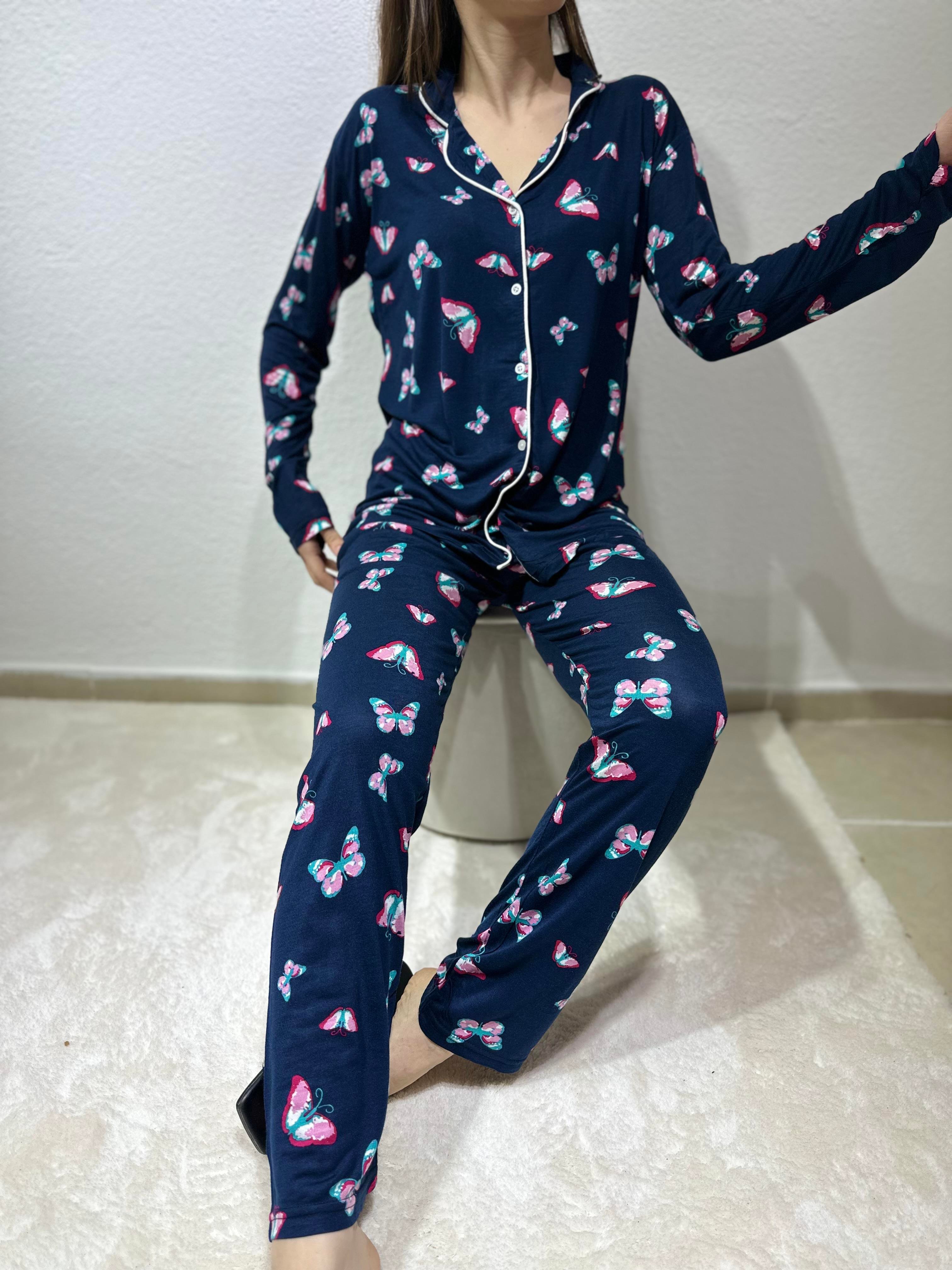 Kelebek Desenli Bambu Pijama Takım Lacivert 