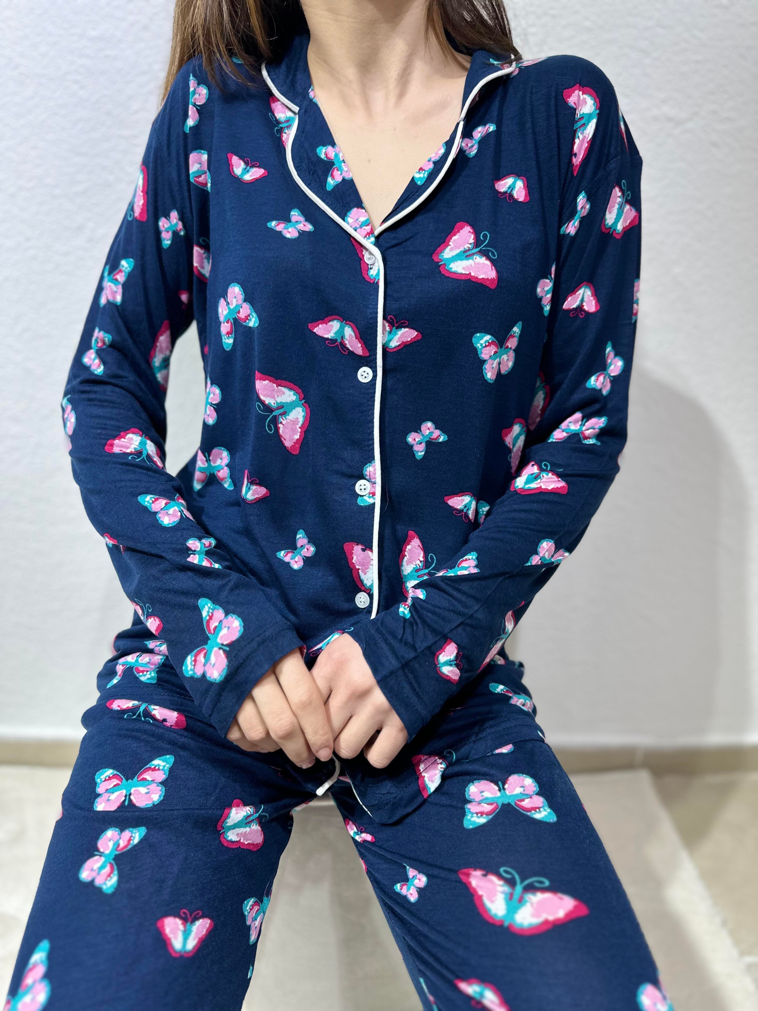 Kelebek Desenli Bambu Pijama Takım Lacivert 