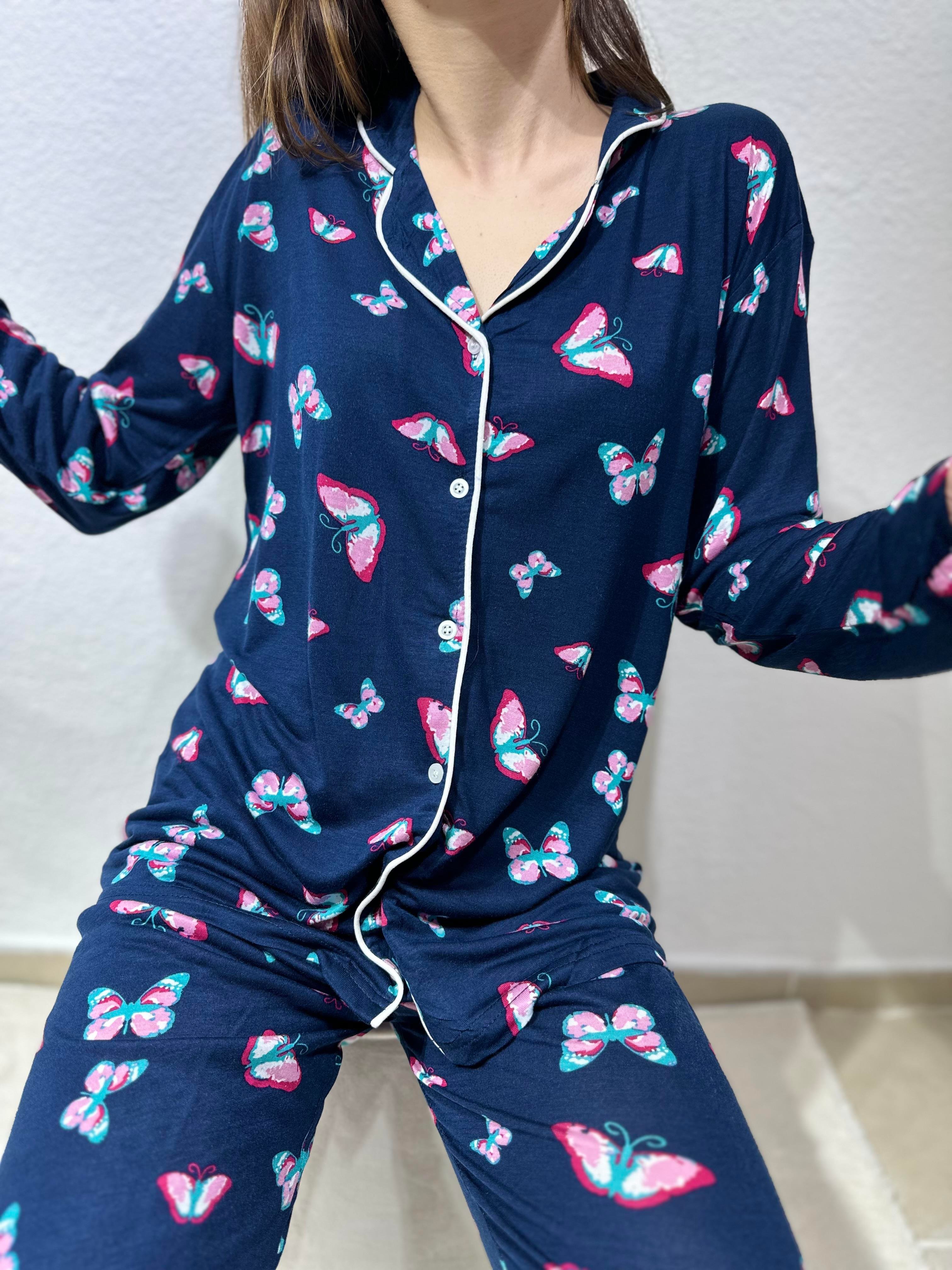Kelebek Desenli Bambu Pijama Takım Lacivert 