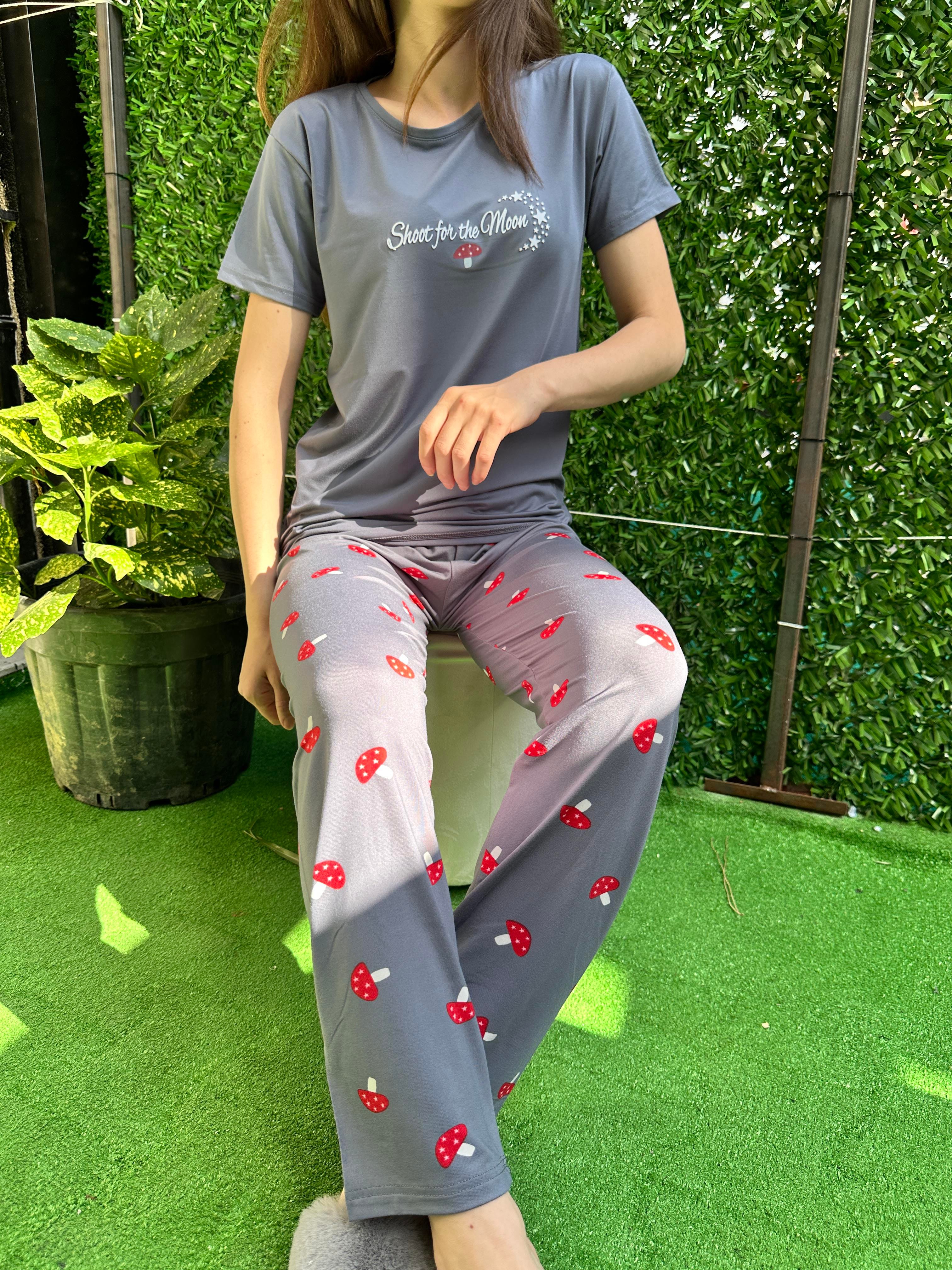 Mantar Desenli Kısa Kol Milan Pijama Takım Gri