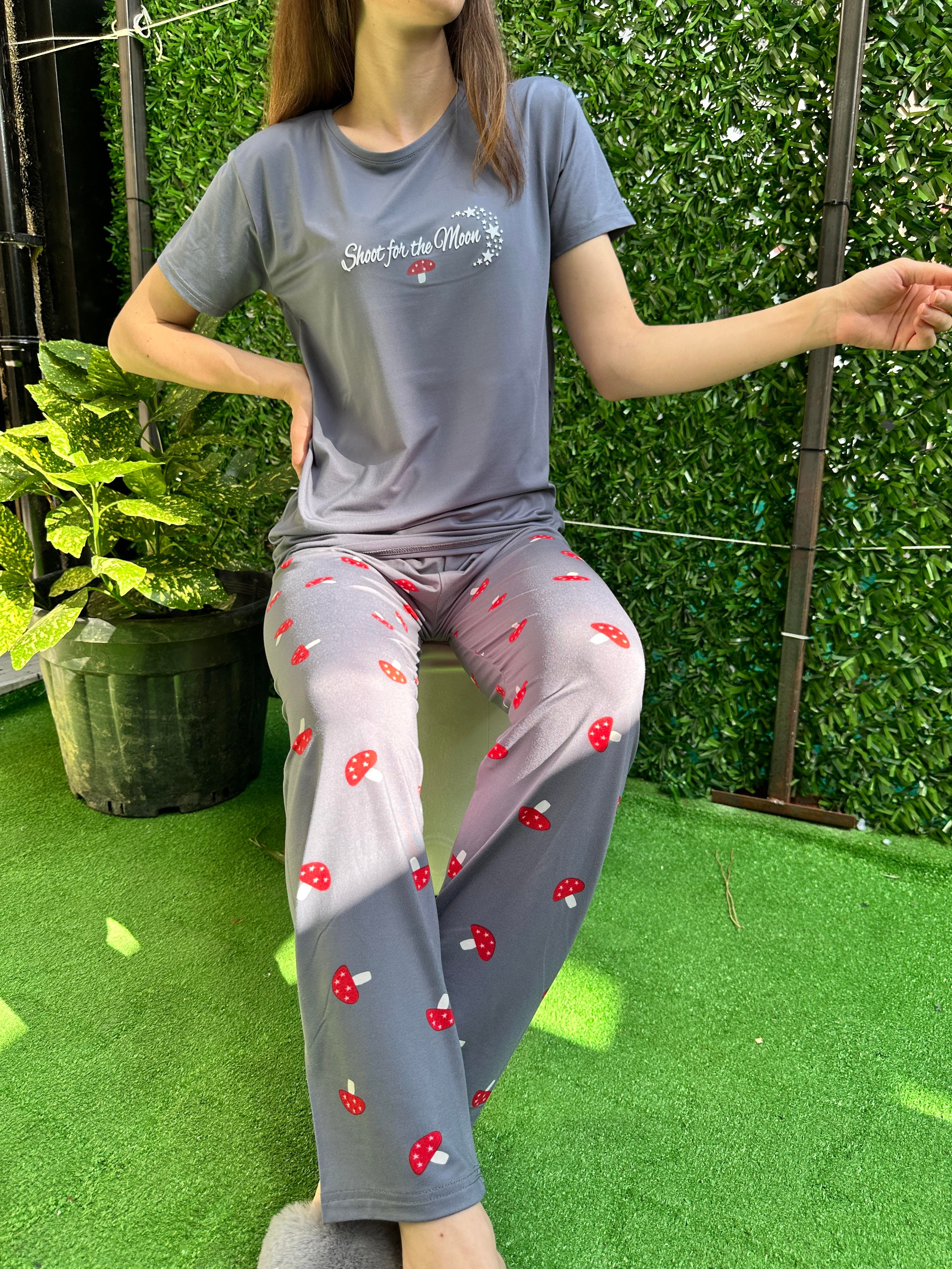 Mantar Desenli Kısa Kol Milan Pijama Takım Gri