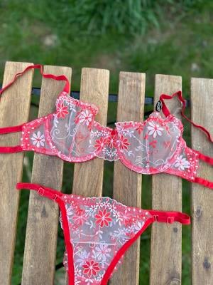 Nakış İşlemeli Transparan Bralet Takım Kırmızı
