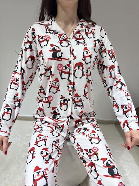 Penguen Desenli Uzun Kol Süet Pijama Takım