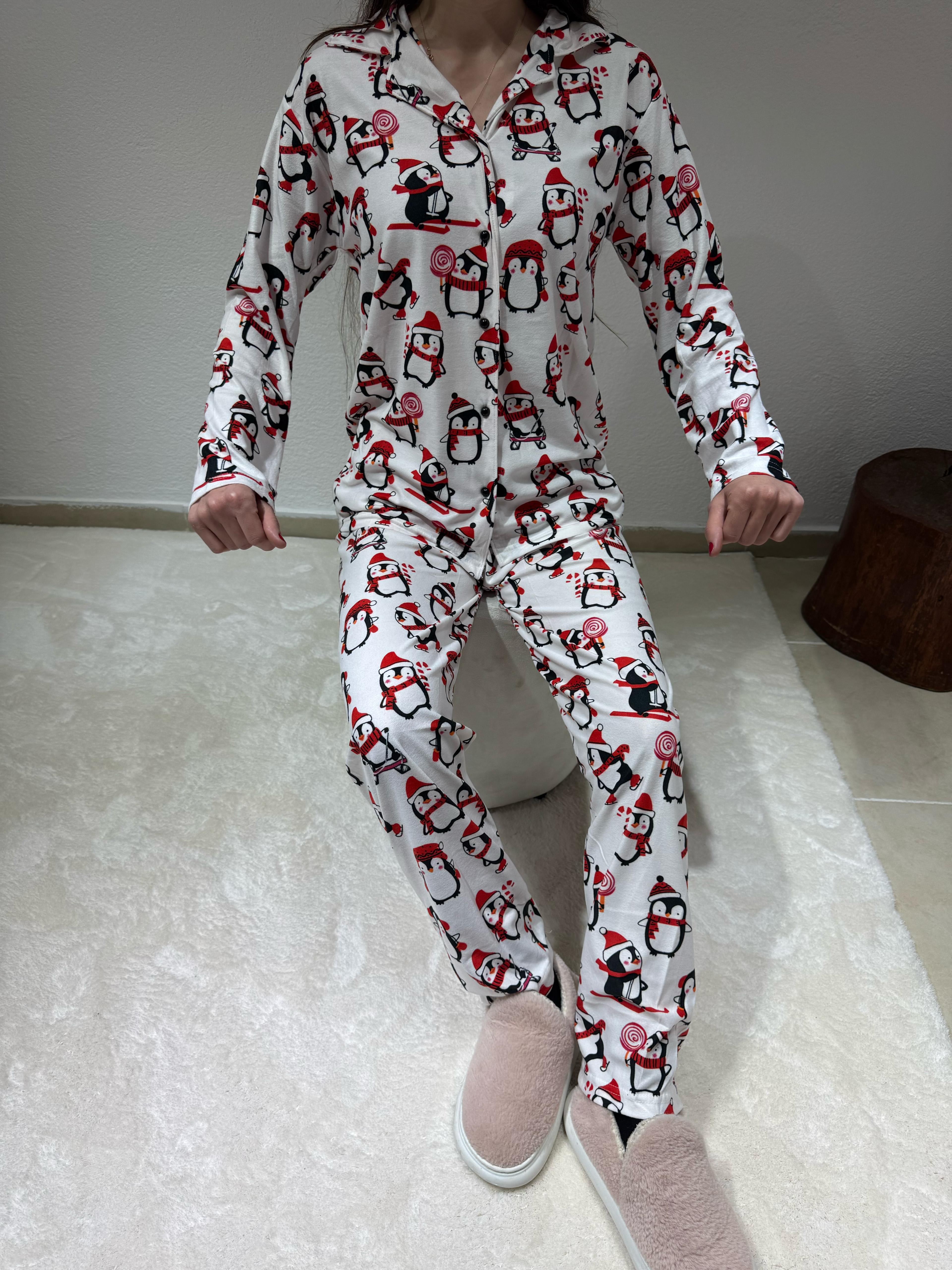 Penguen Desenli Uzun Kol Süet Pijama Takım